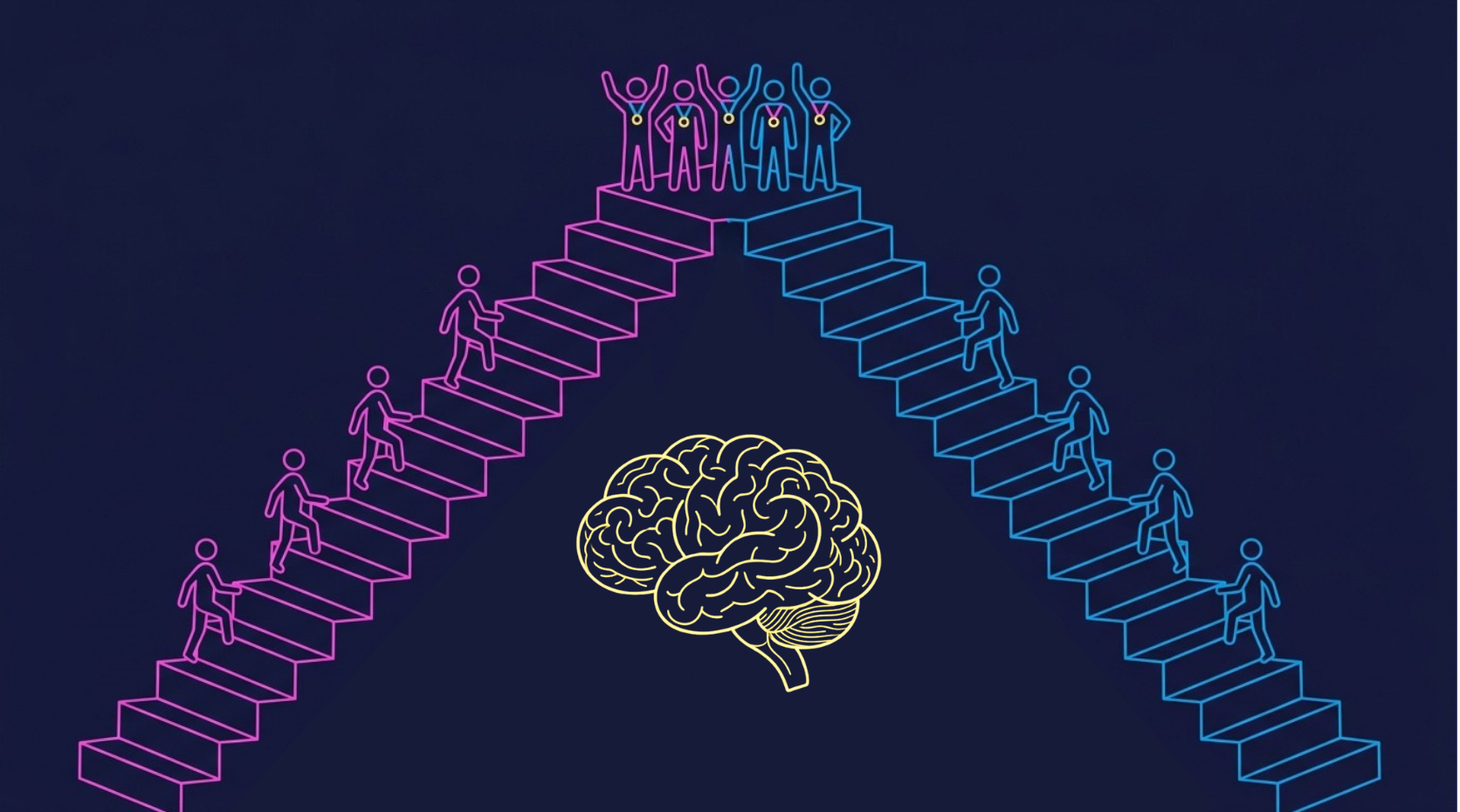 A symmetrical staircase of steps climbed by figures from both sides, meeting at the top where a few figures wear medals, with a brain embedded at the centre of the staircase